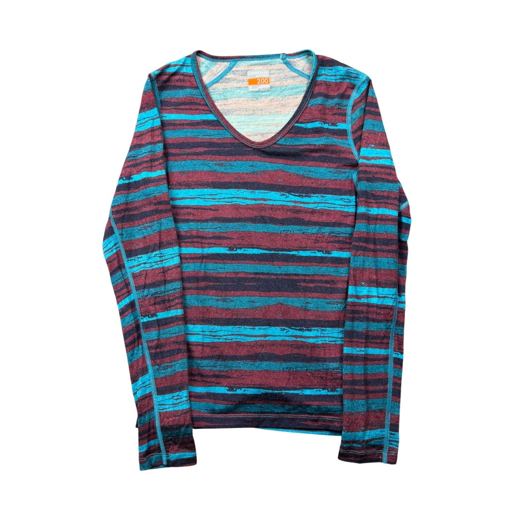 Icebreaker Merino 200 Base Layer Top Womens Small Striped V-Neck Long Sleeve
